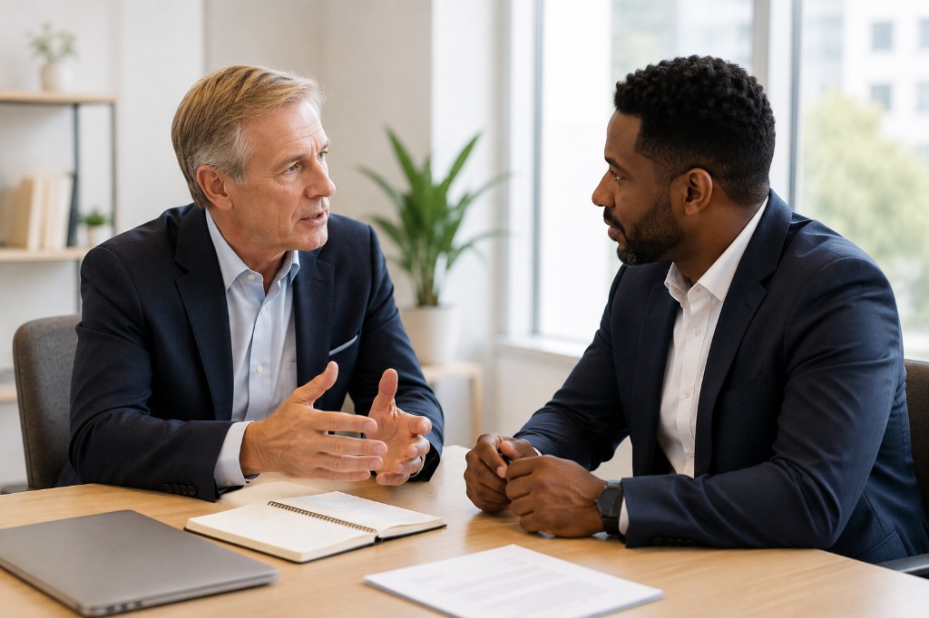Two executives in conversation at a conference table